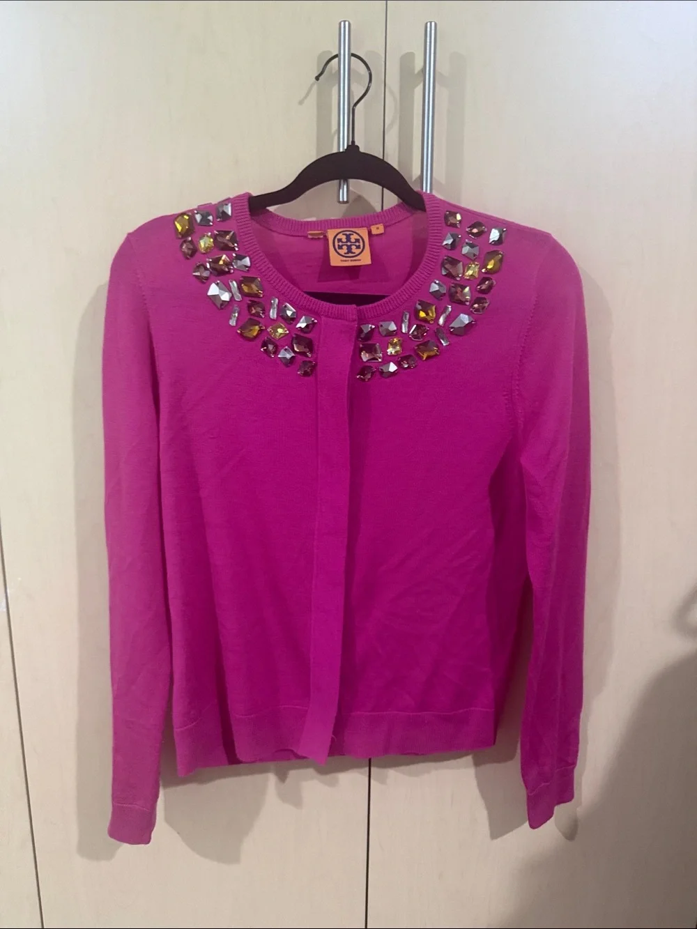 Tory Burch Jeweled Fuchsia Crewneck Cardigan